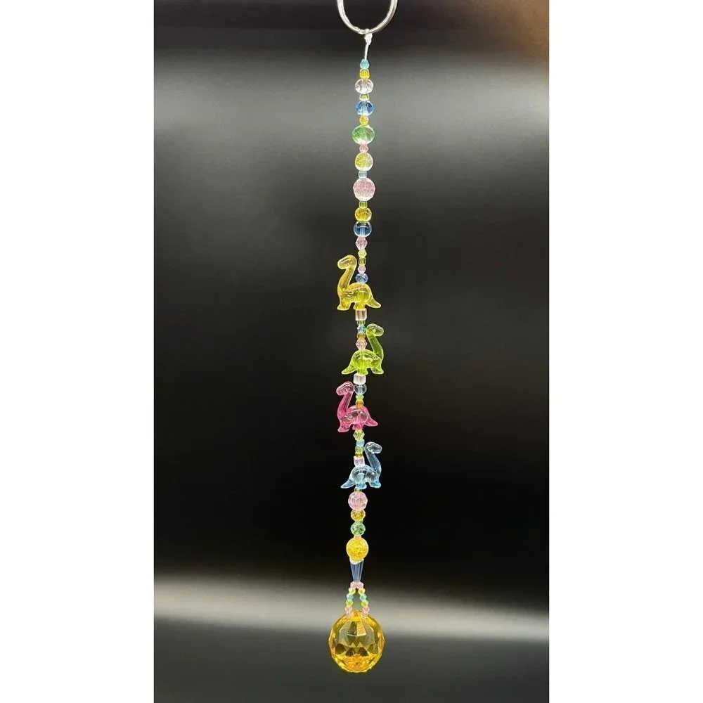 Dinosaur Beaded Suncatcher  - Pastel - Yellow Crystal Prism - Hanging Decor